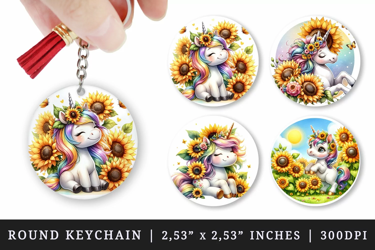 Watercolor cute friendly unicorn with mane of radiant sunflowers basking in the summer sun flowers print round keychain keychains sublimation design