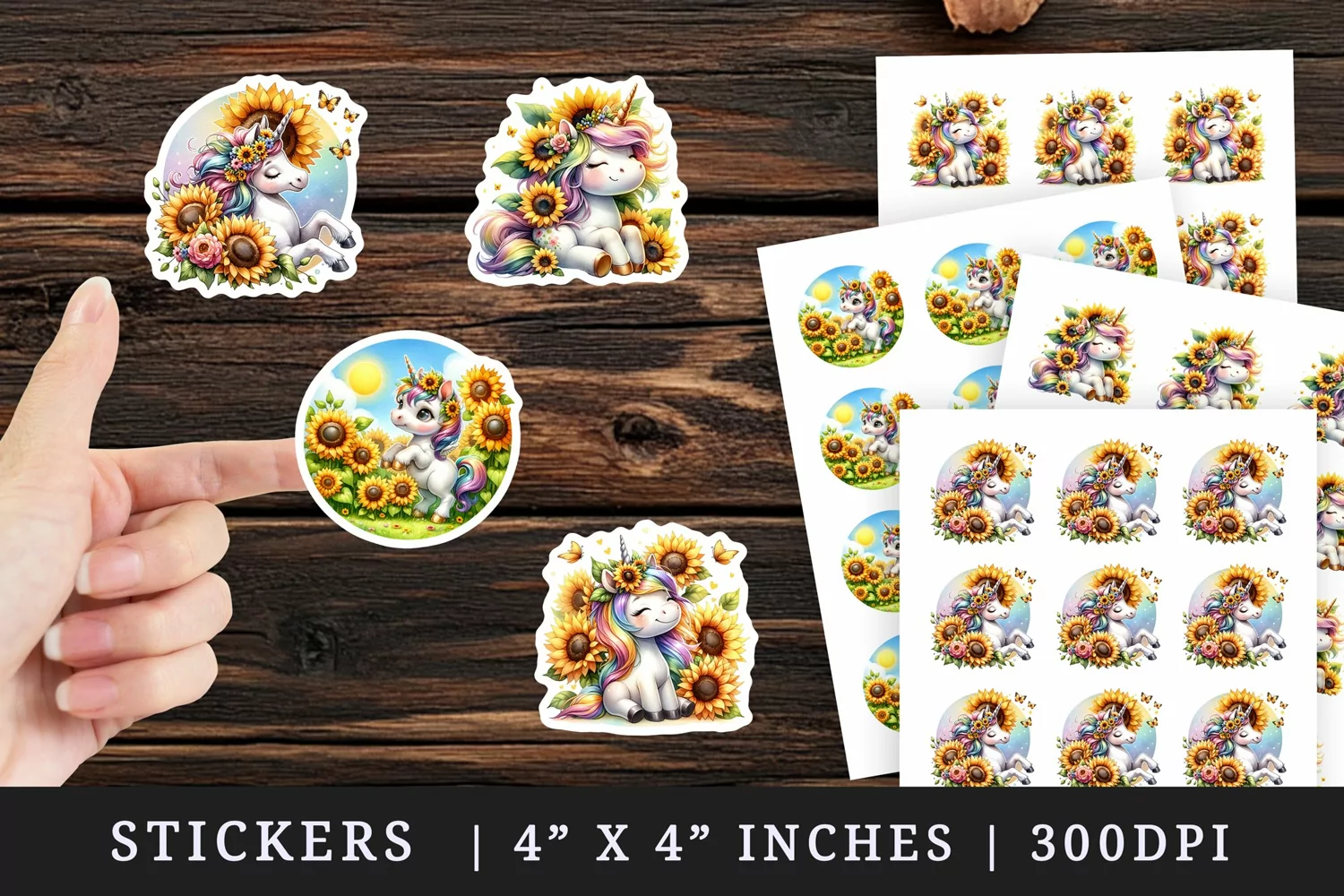Watercolor cute friendly unicorn with radiant sunflowers basking in summer sun flowers print sticker sheet stickers printable sublimation design png