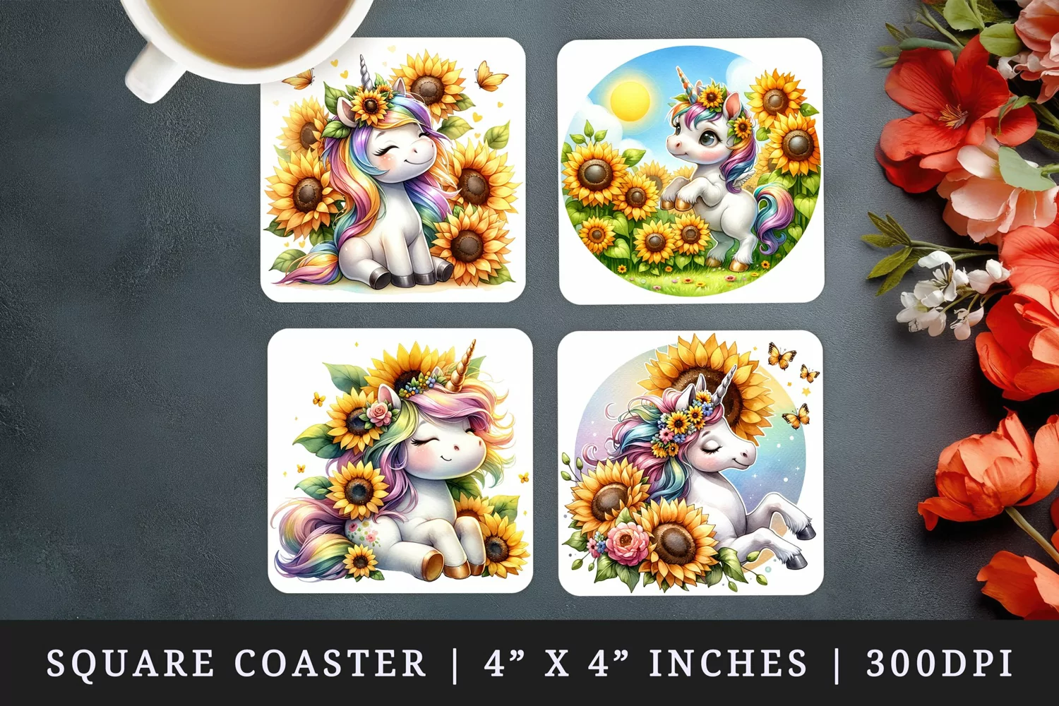 Watercolor cute friendly unicorn with radiant sunflowers basking in the summer sun flowers print square coaster mug coasters sublimation design