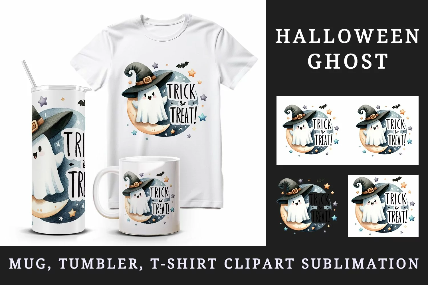 Watercolor cute ghost and a witch hat Trick and or Treat quote print 20 oz tumbler skinny mug wrap clipart t-shirt sublimation printable design