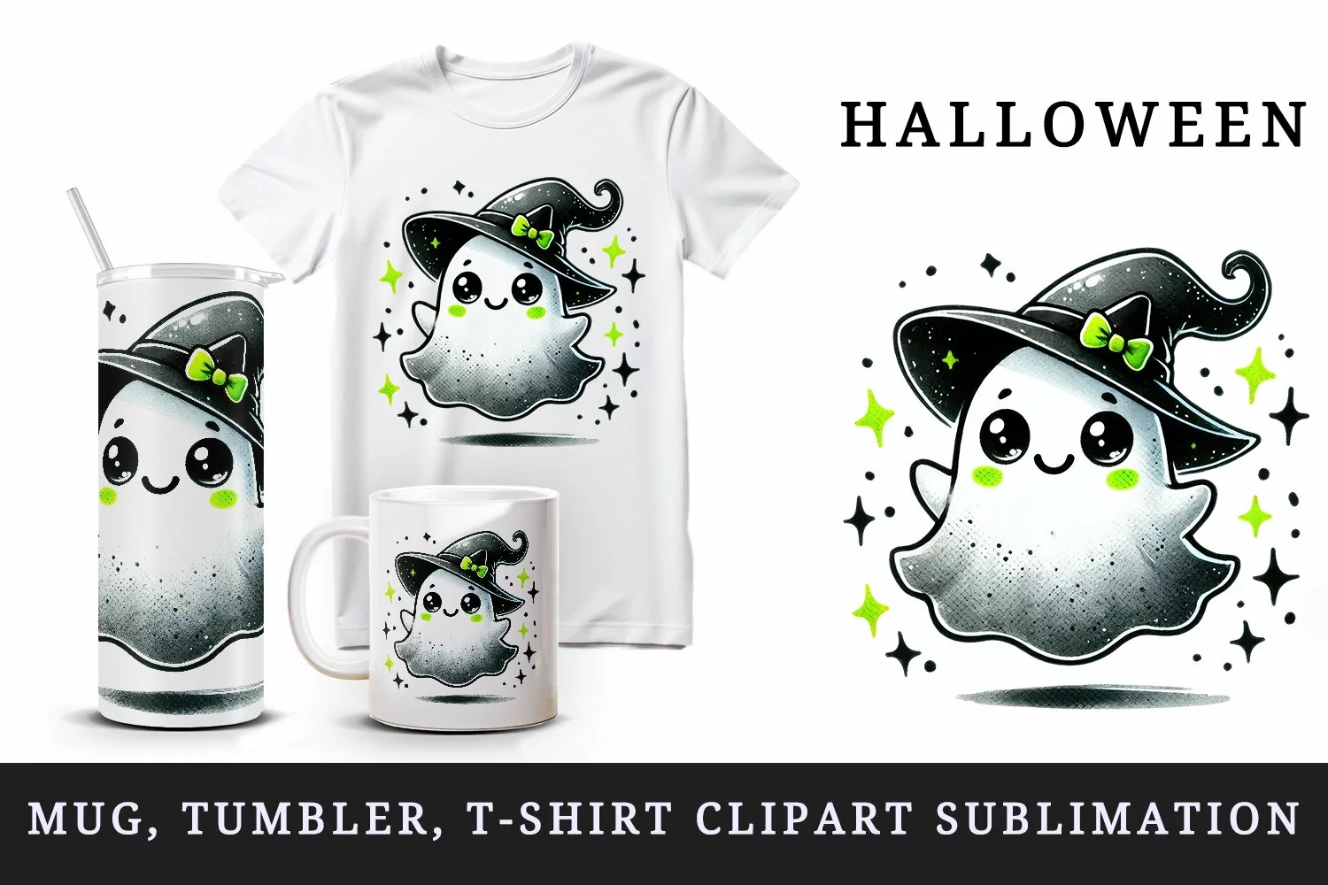 Watercolor cute ghost floating witch hat neon green Halloween print 20 oz tumbler skinny mug wrap clipart t-shirt sublimation printable design