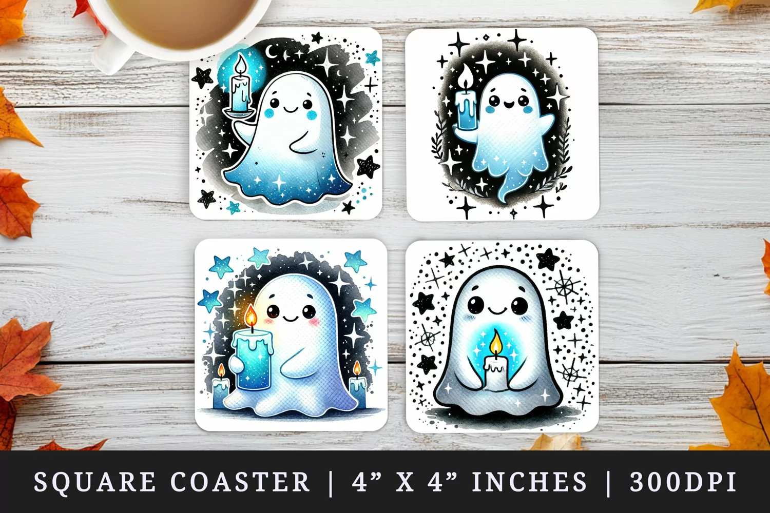 Watercolor cute ghost holding glowing neon blue candle sparkles Halloween print square coaster mug coasters sublimation design