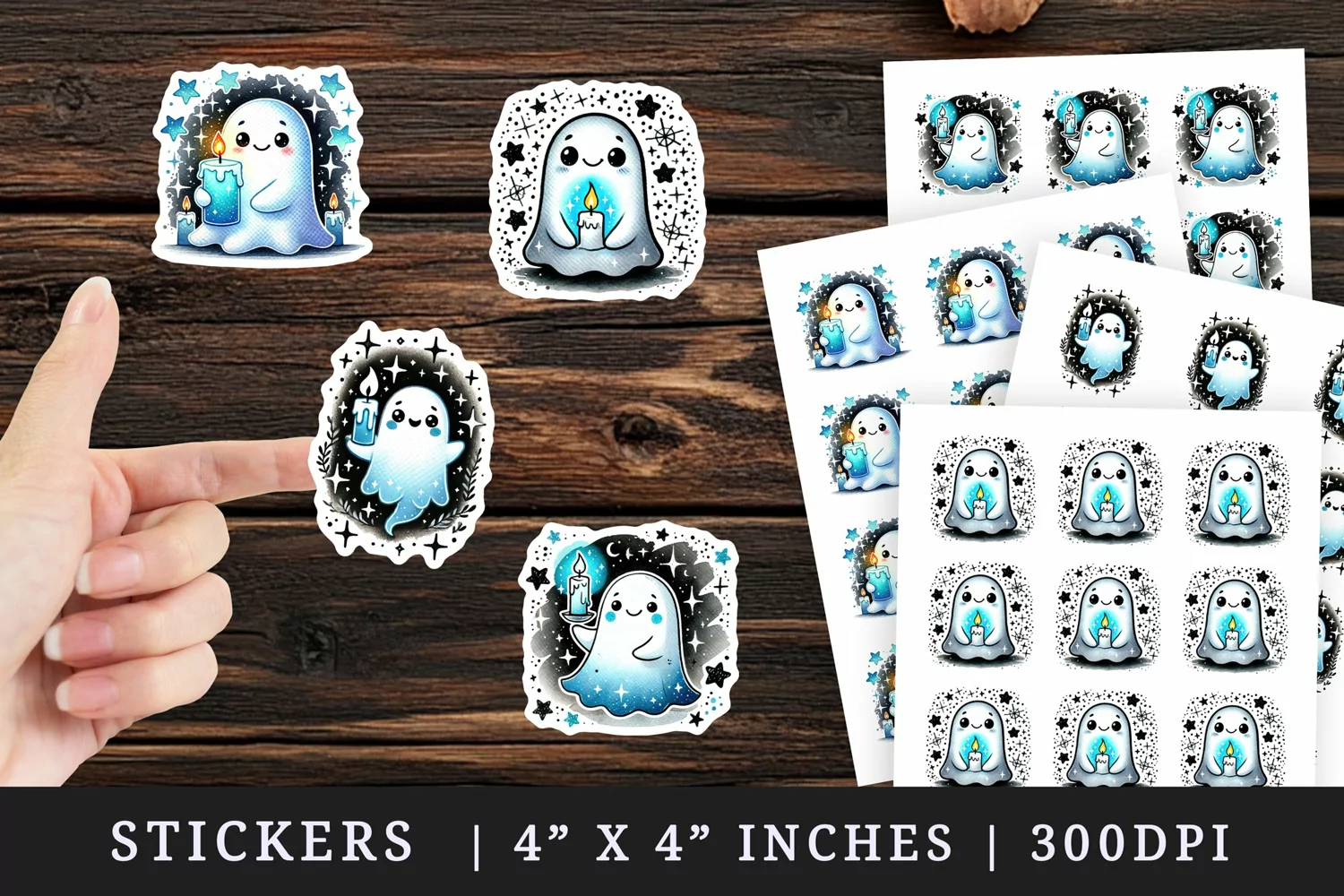 Watercolor cute ghost holding glowing neon blue candle sparkles Halloween print sticker sheet stickers printable sublimation design png