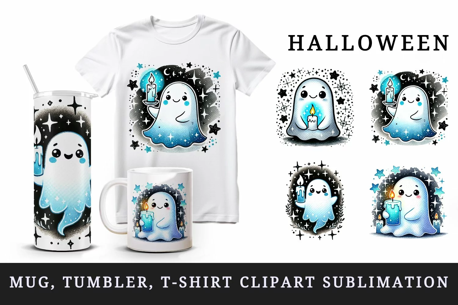 Watercolor cute ghost holding glowing neon blue candle sparkles Halloween print tumbler skinny mug wrap clipart t-shirt sublimation printable design