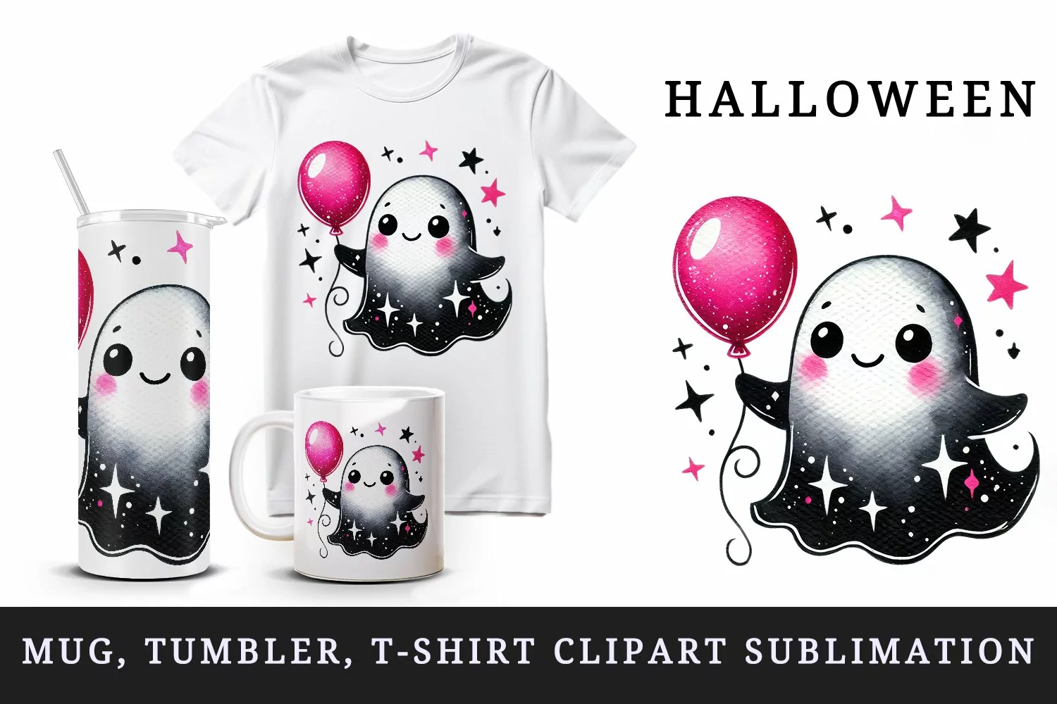 Watercolor cute ghost holding neon pink balloon with sparkles Halloween print tumbler skinny mug wrap clipart t-shirt sublimation printable design