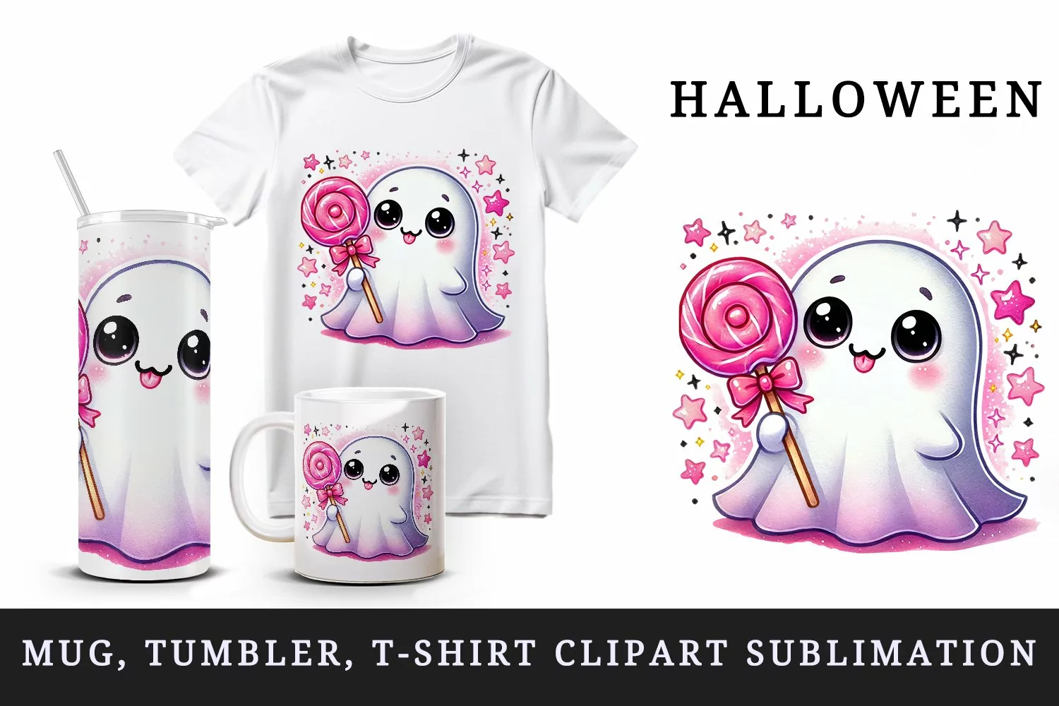 Watercolor cute ghost holding neon pink lollipop candy Halloween print 20 oz tumbler skinny mug wrap clipart t-shirt sublimation printable design