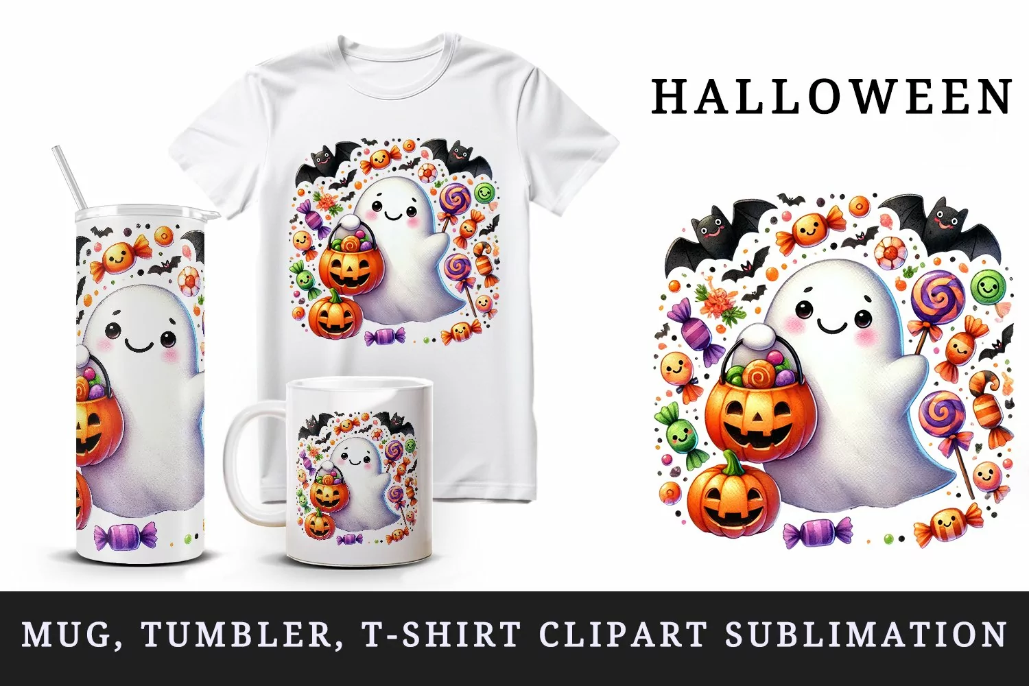Watercolor cute ghost holding pumpkin candy bucket bats Halloween print 20 oz tumbler skinny mug wrap clipart t-shirt sublimation printable design
