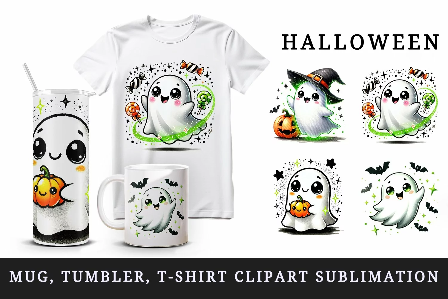 Watercolor cute ghost neon green sparkles pumpkin candy bat Halloween print 20 oz tumbler skinny mug wrap clipart t-shirt sublimation printable design