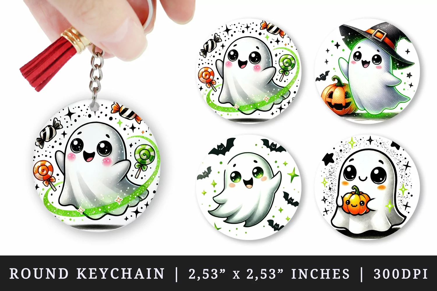 Watercolor cute ghost neon green sparkles pumpkin candy bat Halloween print round keychain keychains sublimation design