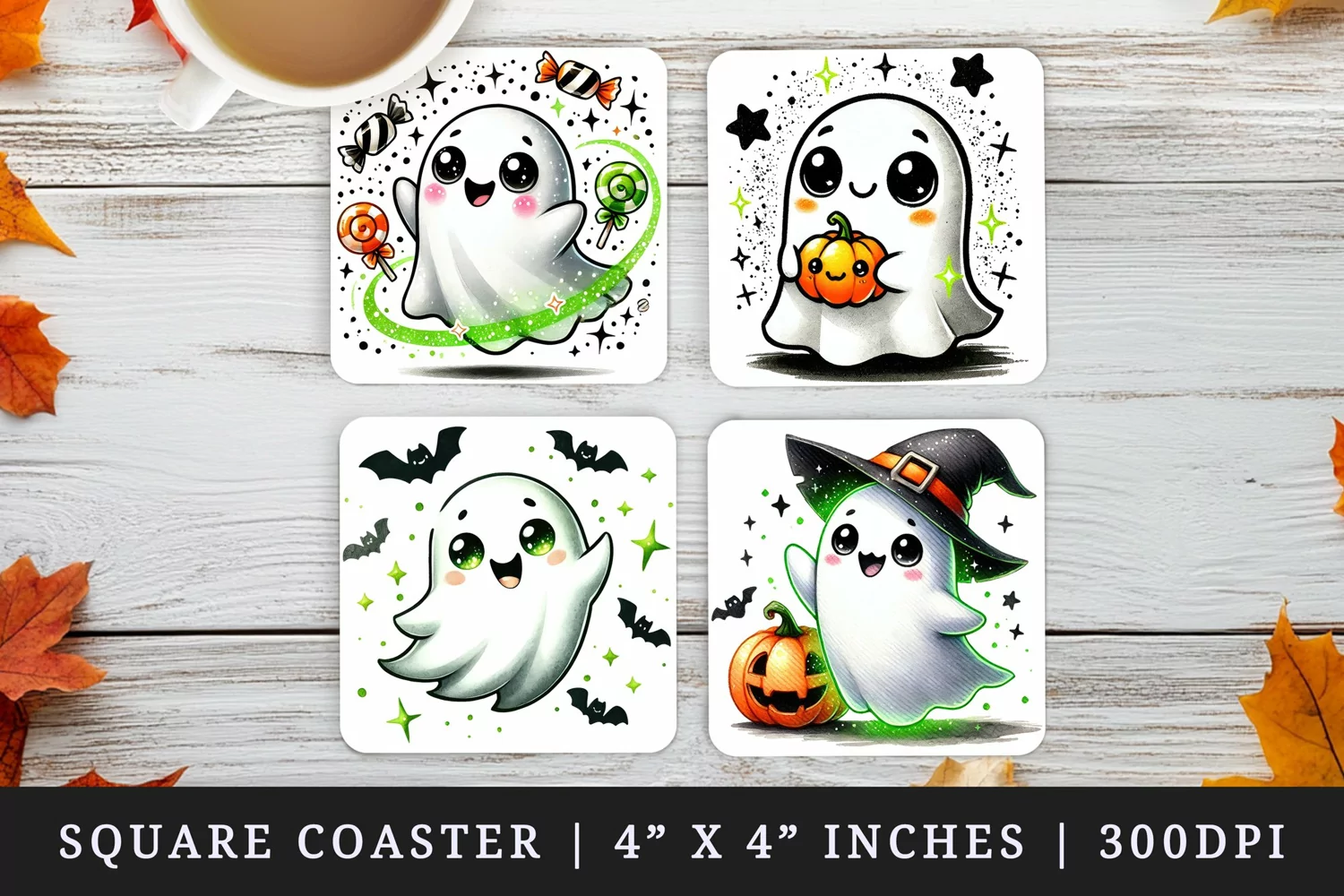 Watercolor cute ghost neon green sparkles pumpkin candy bat Halloween print square coaster mug coasters sublimation design