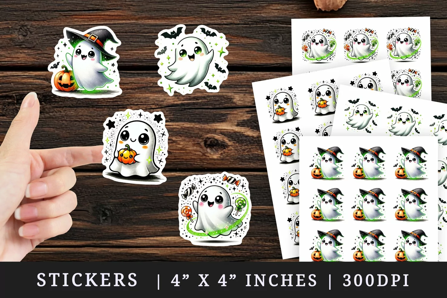 Watercolor cute ghost neon green sparkles pumpkin candy bat Halloween print sticker sheet stickers printable sublimation design png