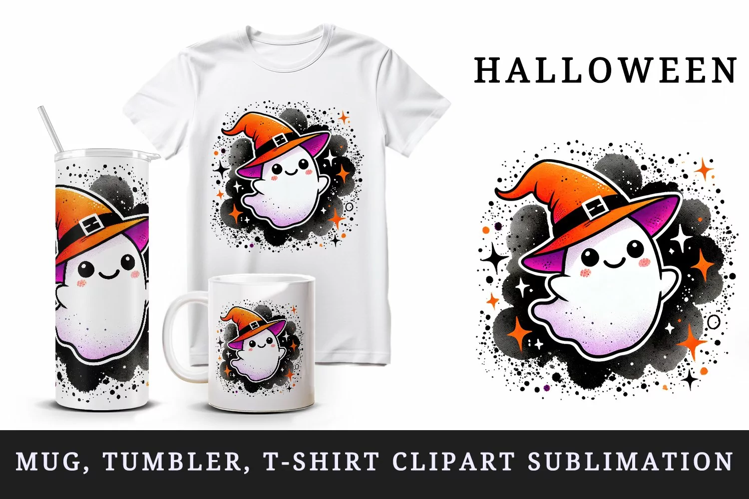 Watercolor cute ghost wearing neon orange witch hat floating Halloween print 20oz tumbler skinny mug wrap clipart t-shirt sublimation printable design