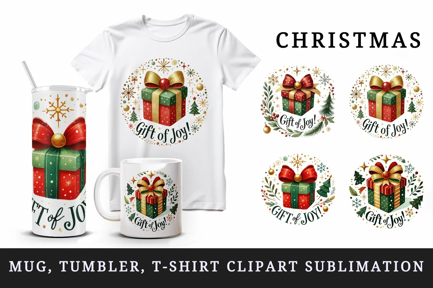 Watercolor cute gift box Gift of Joy quote Christmas New Year winter print 20 oz tumbler skinny mug wrap clipart t-shirt sublimation printable design