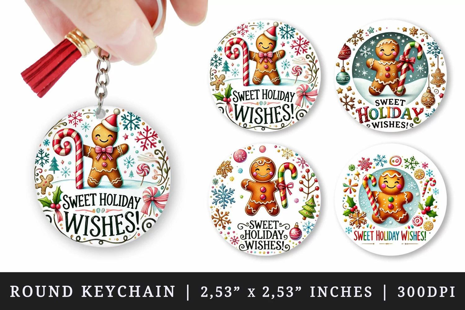 Watercolor cute gingerbread man candy cane Sweet Holiday Wishes quote Christmas New Year winter print round keychain keychains sublimation design