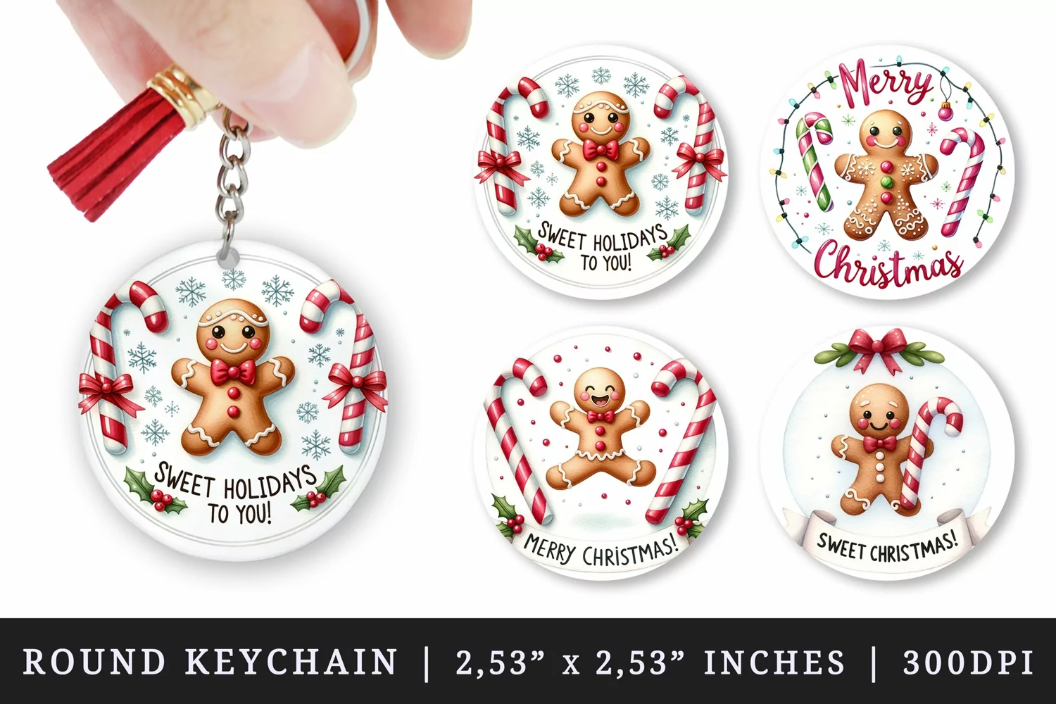 Watercolor cute gingerbread man candy Sweet holidays Merry Christmas quote New Year winter print round keychain keychains sublimation design