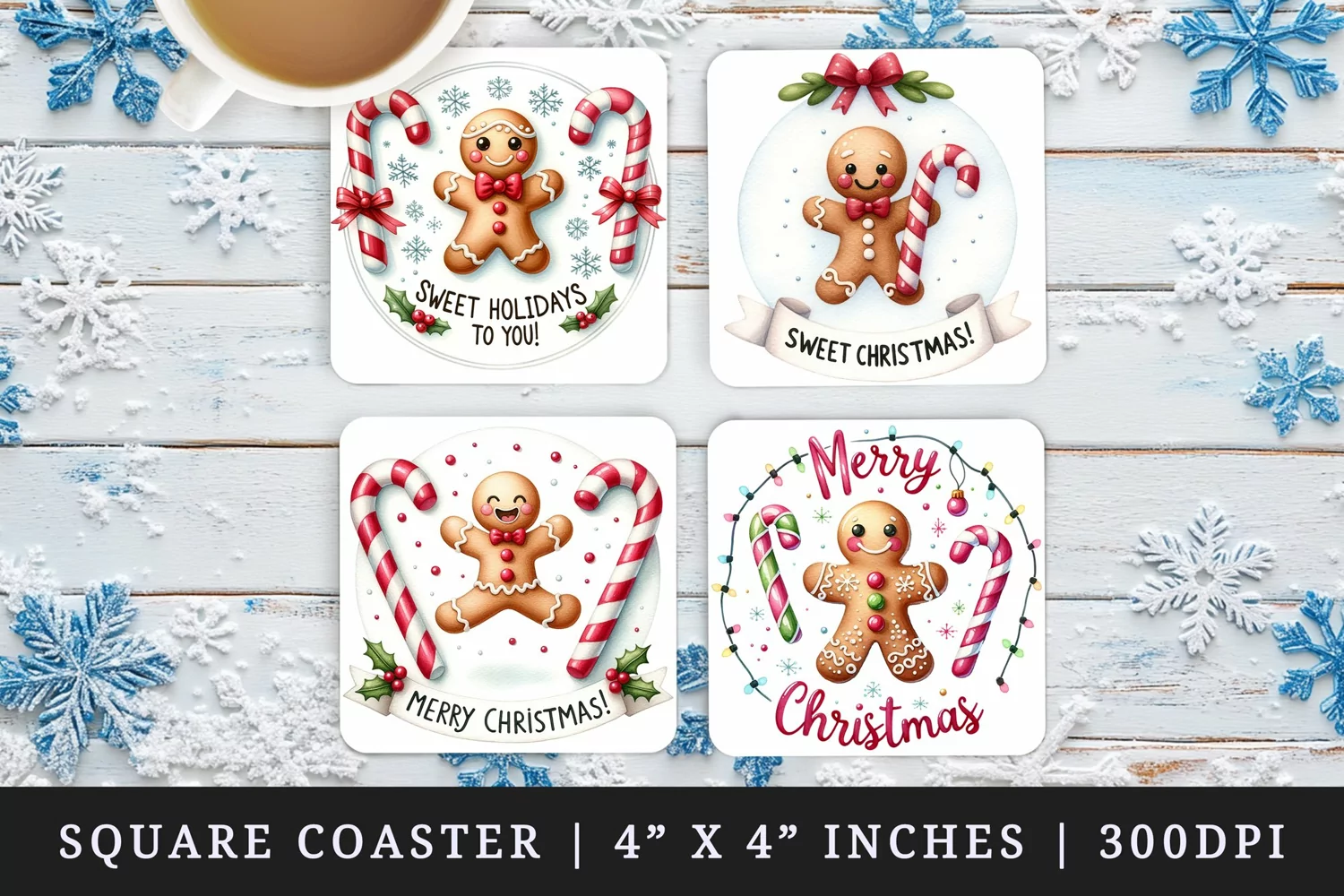 Watercolor cute gingerbread man candy Sweet holidays Merry Christmas quote New Year winter print square coaster mug coasters sublimation design