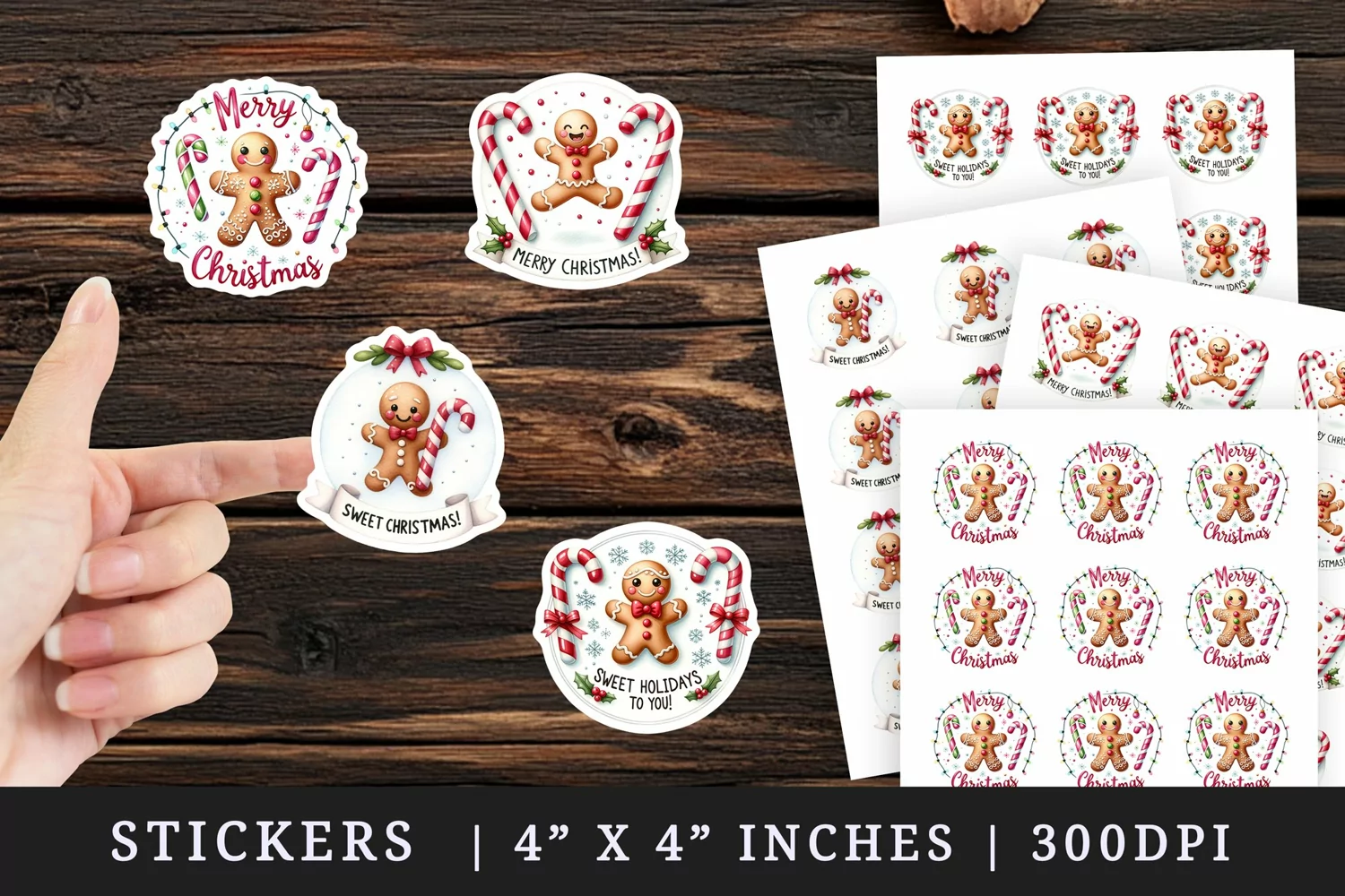Watercolor cute gingerbread man candy Sweet holidays Merry Christmas quote New Year winter print sticker sheet stickers printable sublimation design png