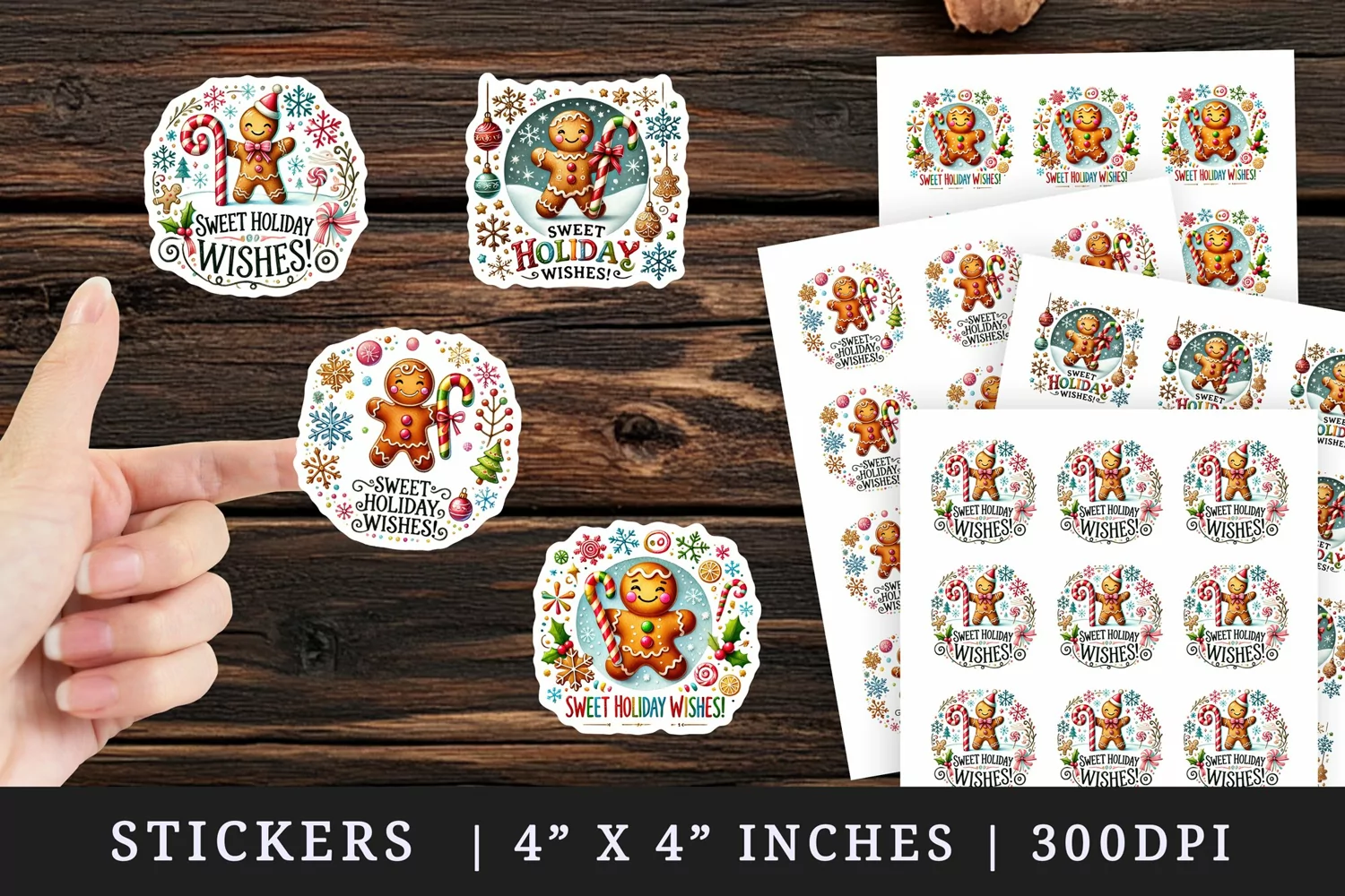 Watercolor cute gingerbread man holding candy cane Sweet Holiday Wishes quote Christmas print sticker sheet stickers printable sublimation design png