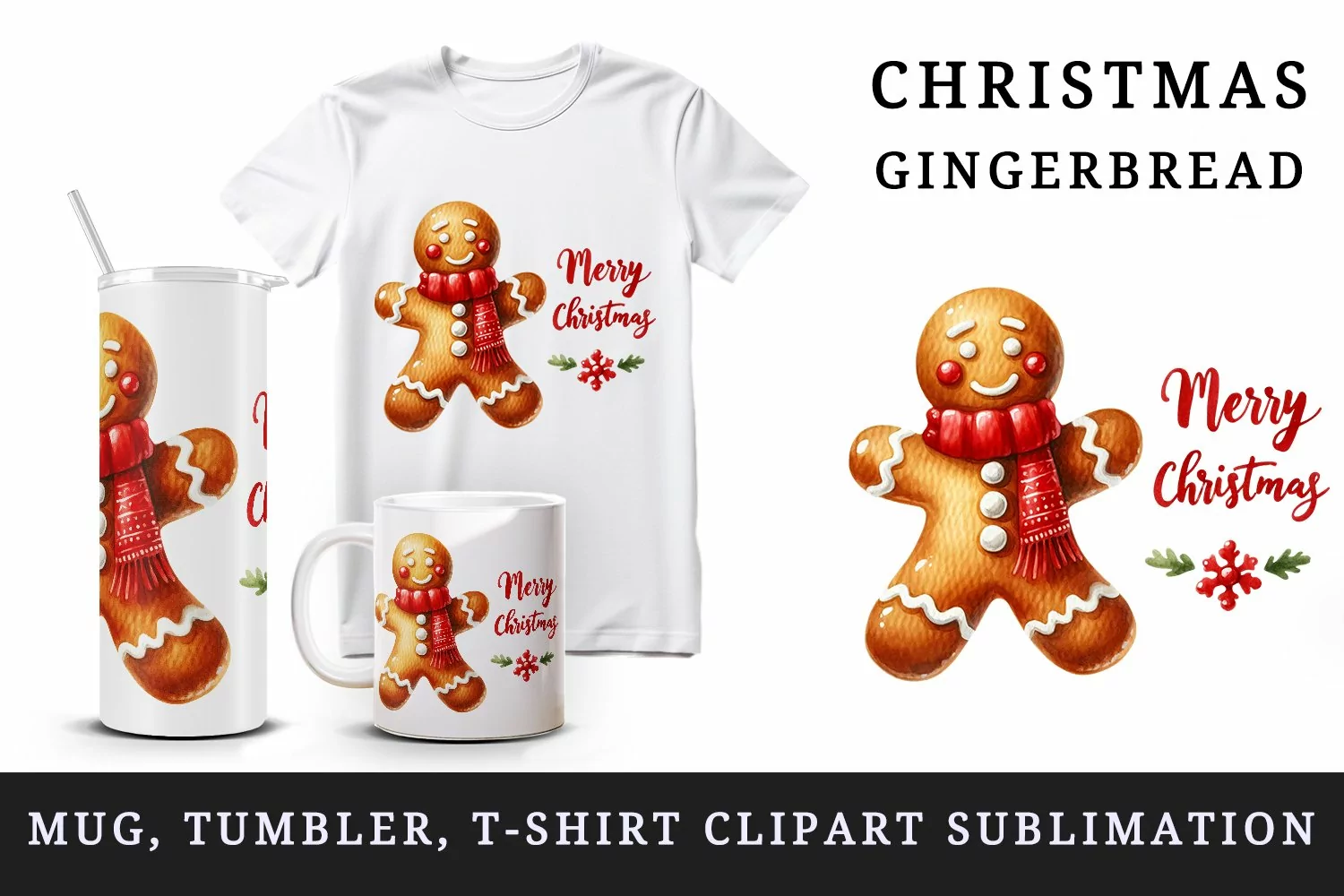 Watercolor cute gingerbread man red scarf Merry Christmas quote print 20 oz tumbler skinny mug wrap clipart t-shirt sublimation printable design