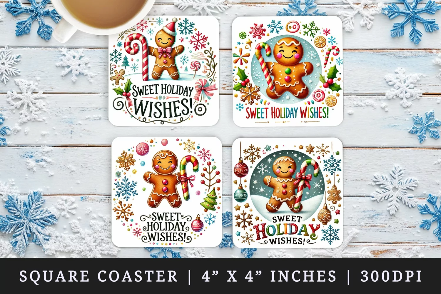 Watercolor cute gingerbread man Sweet Holiday Wishes quote Christmas New Year winter print square coaster mug coasters sublimation design