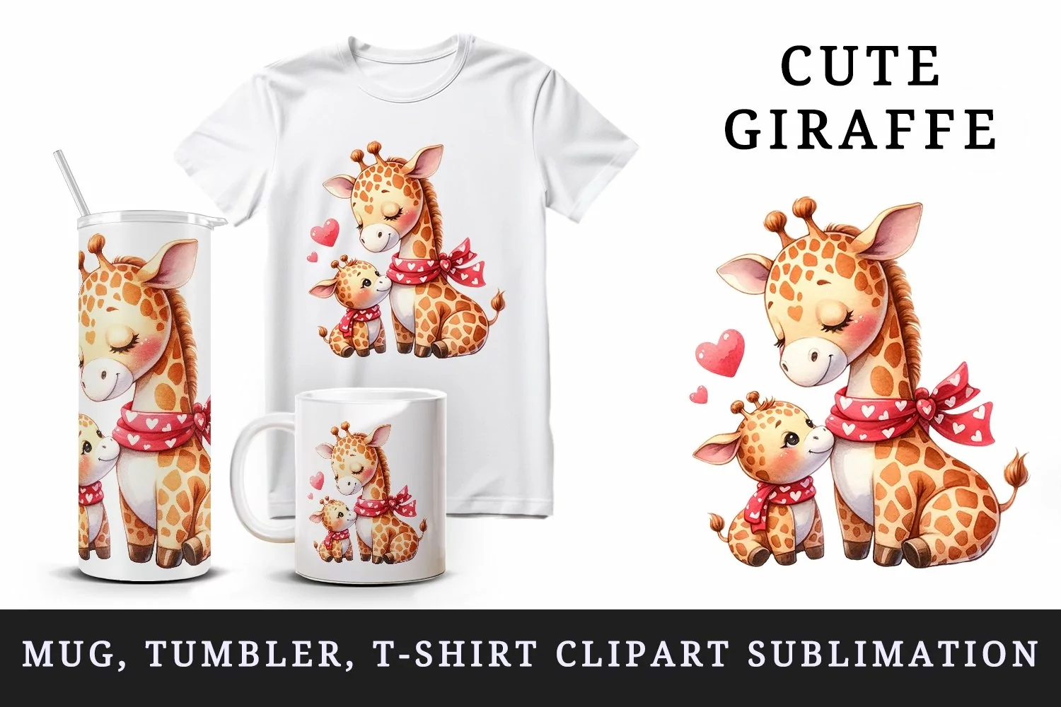 Watercolor cute giraffe mom mother heart Love Valentine Day quote print 20 oz tumbler skinny mug wrap clipart t-shirt sublimation printable design
