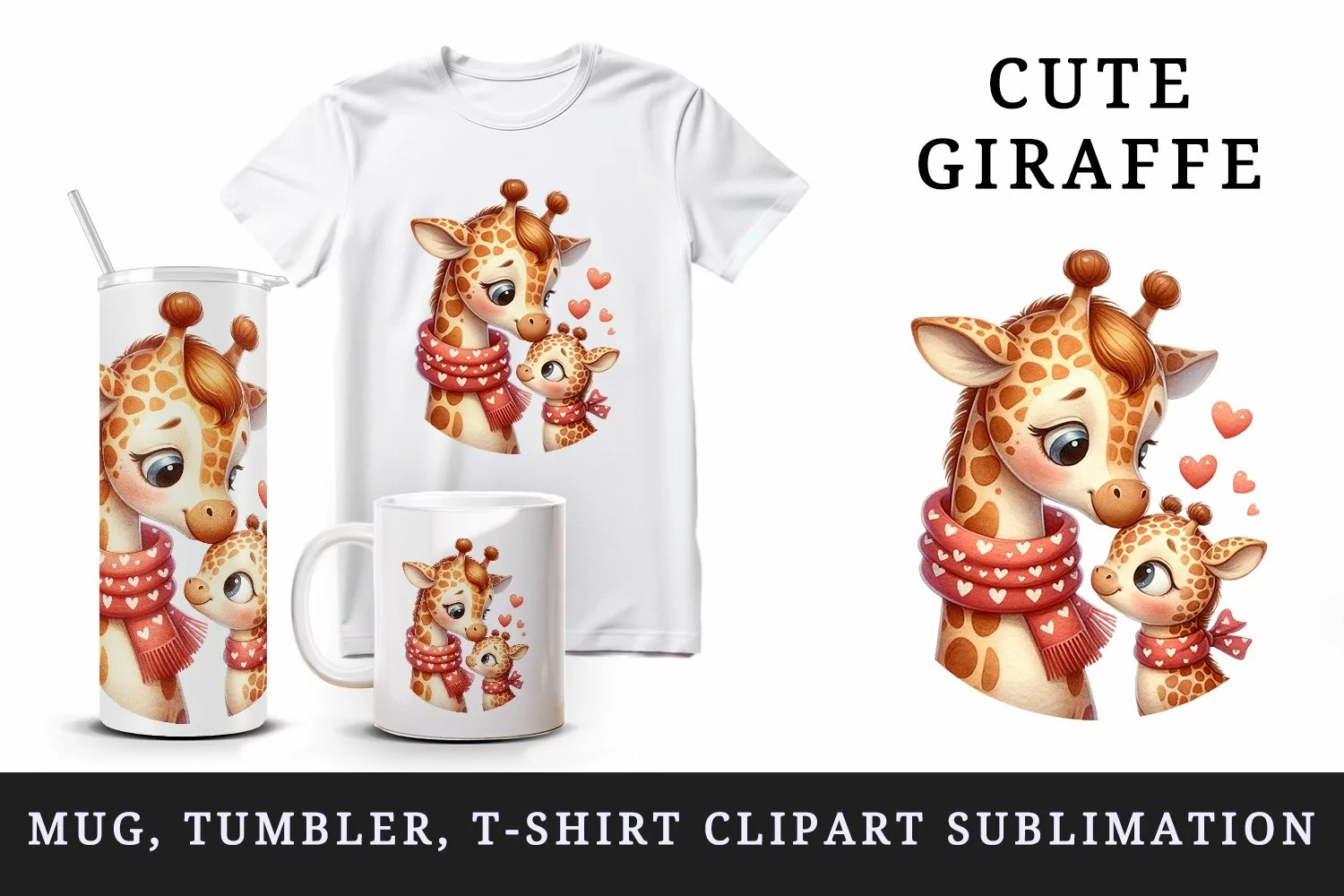 Watercolor cute giraffe mom mother heart Love Valentine Day quote print 20 oz tumbler skinny mug wrap clipart t-shirt sublimation printable design