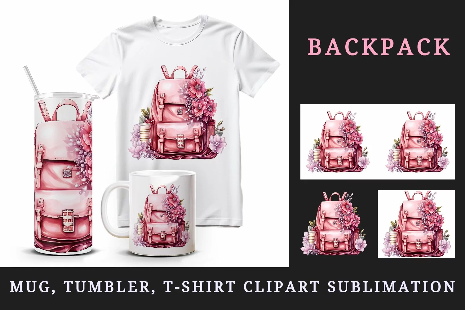 Watercolor cute glamour pink backpack girl flowers reading back to school 20oz tumbler skinny mug wrap clipart t-shirt sublimation printable design