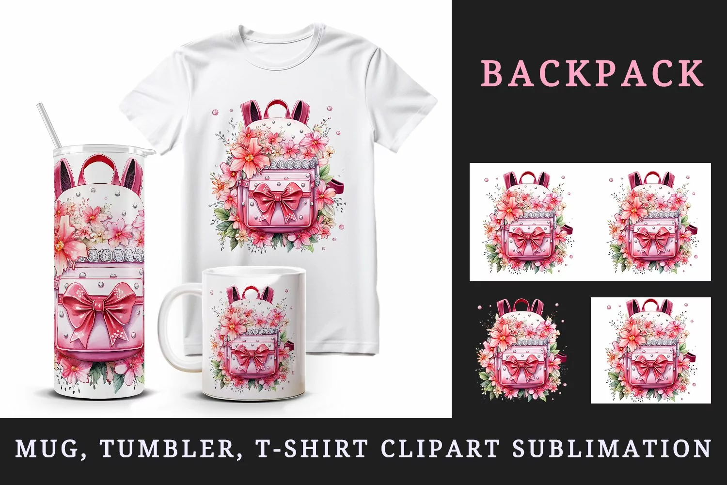 Watercolor cute glamour pink floral backpack girl flowers bow back to school 20oz tumbler skinny mug wrap clipart t-shirt sublimation printable design