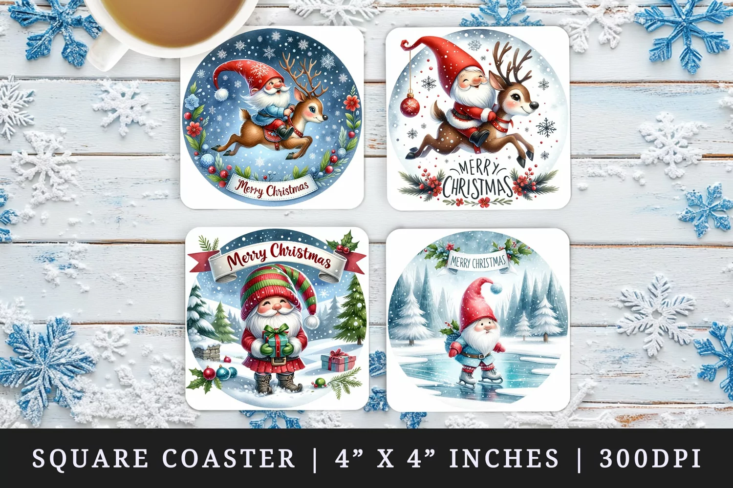 Watercolor cute gnome and reindeer gift box snowy landscape Merry Christmas quote New Year winter print square coaster mug coasters sublimation design