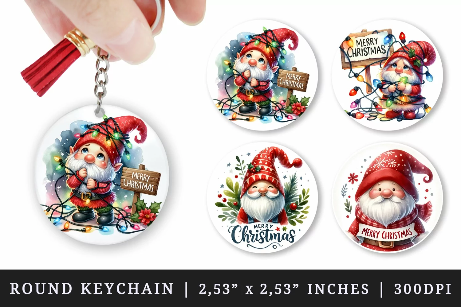 Watercolor cute gnome red hat twinkling lights Merry Christmas quote New Year winter print round keychain keychains sublimation design