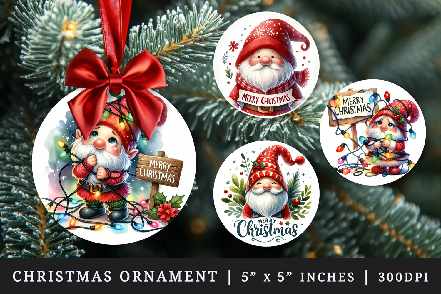 Watercolor cute gnome red hat twinkling lights Merry Christmas quote New Year winter print round ornament ornaments sublimation design
