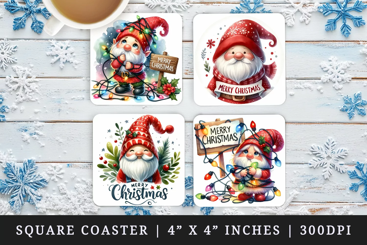 Watercolor cute gnome red hat twinkling lights Merry Christmas quote New Year winter print square coaster mug coasters sublimation design
