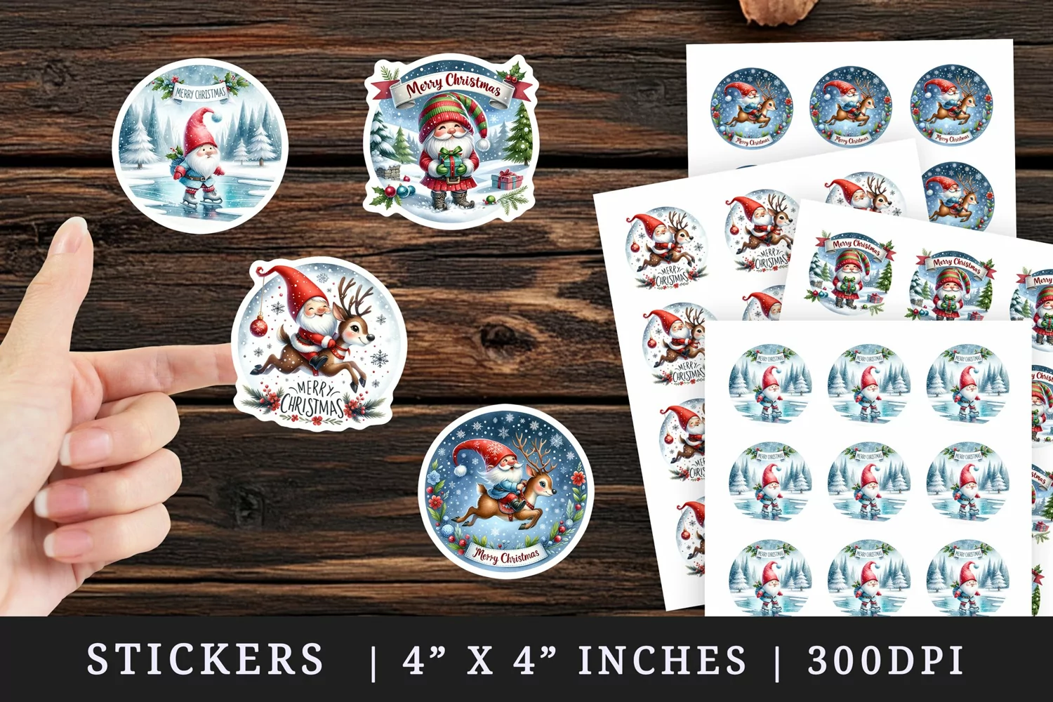 Watercolor cute gnome reindeer gift box landscape Merry Christmas quote New Year winter print sticker sheet stickers printable sublimation design png