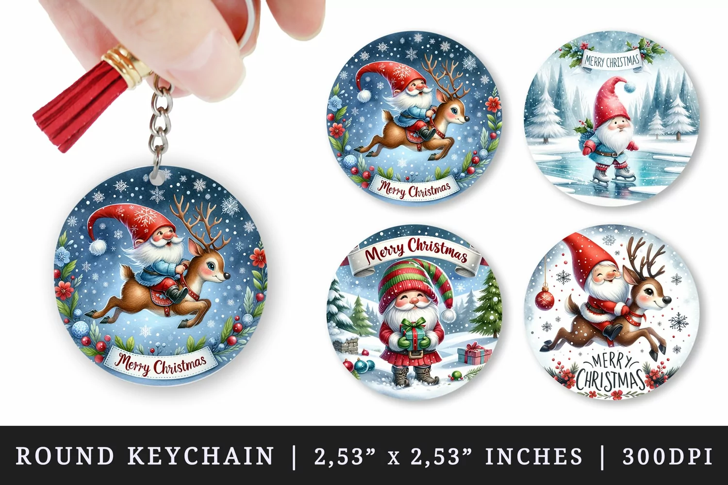 Watercolor cute gnome riding reindeer gift box snowy landscape Merry Christmas quote New Year winter print round keychain keychains sublimation design