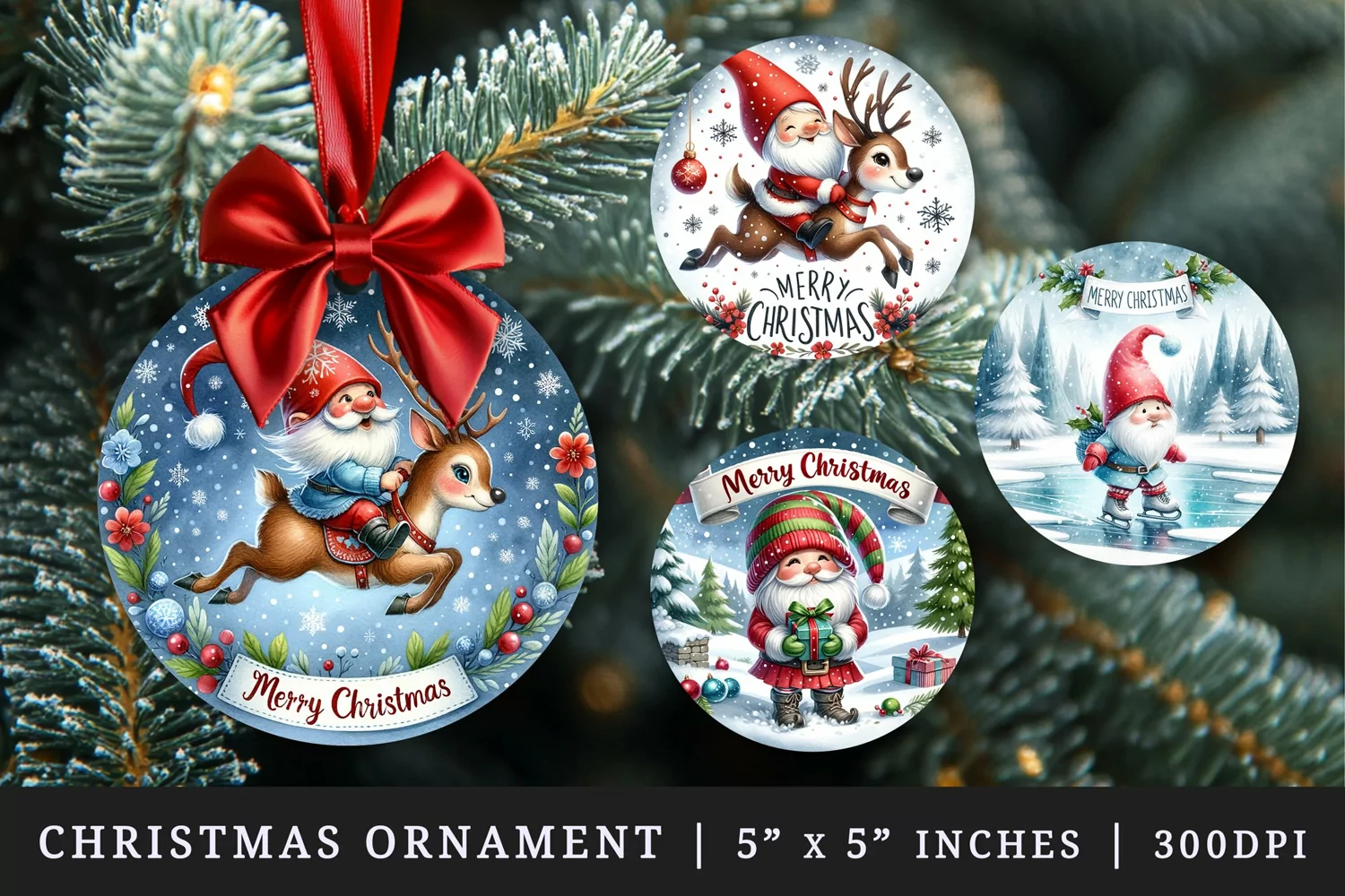 Watercolor cute gnome riding reindeer gift box snowy landscape Merry Christmas quote New Year winter print round ornament ornaments sublimation design