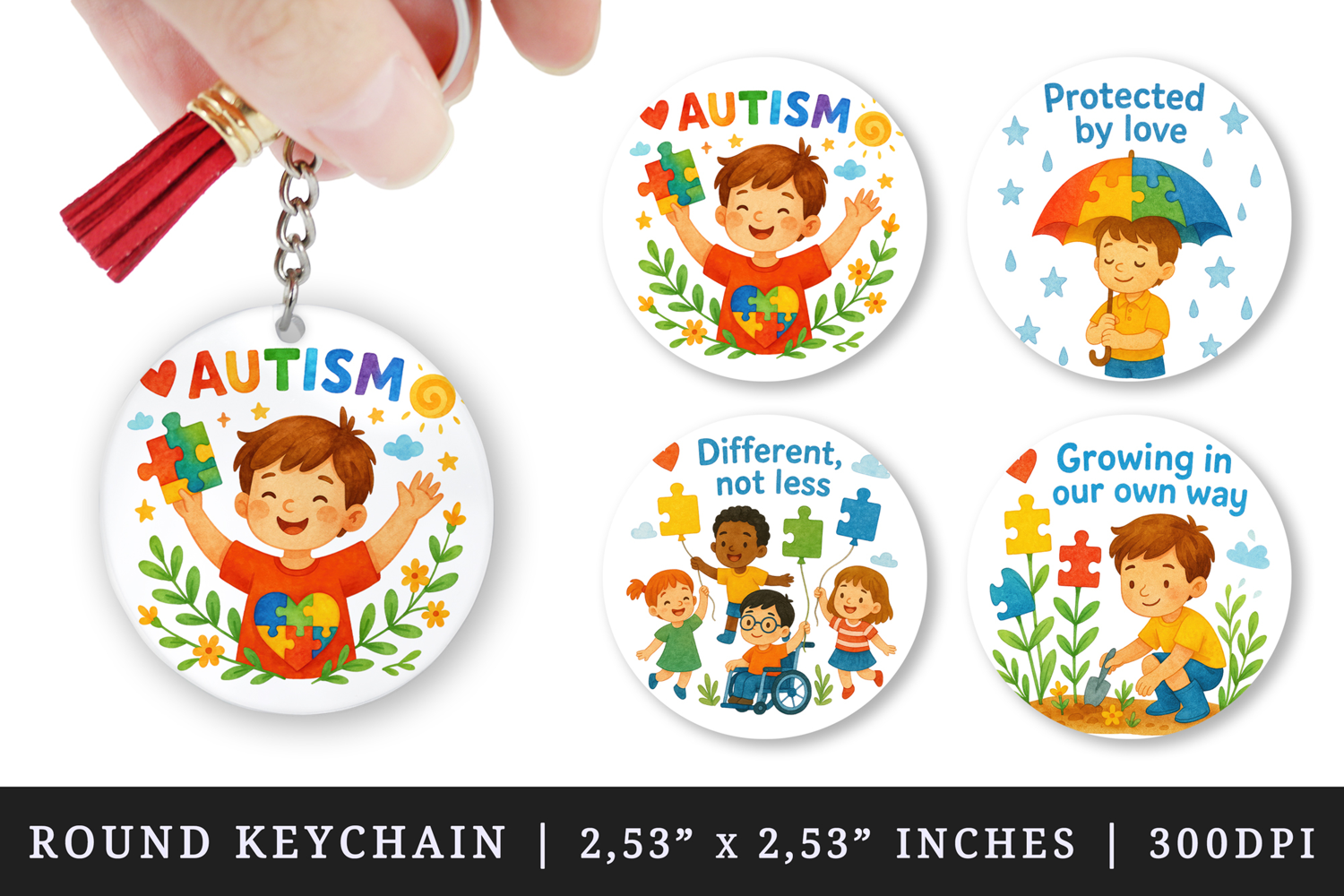 Watercolor cute happy child puzzle piece garden umbrella friends Autism awareness print round keychain keychains sublimation design