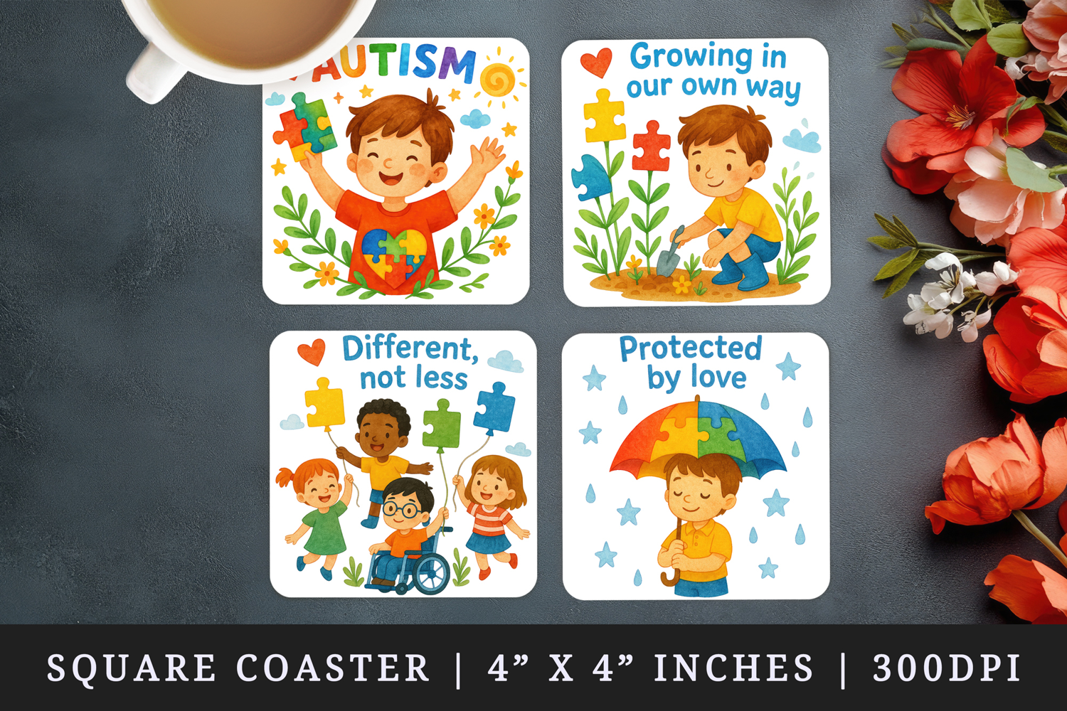 Watercolor cute happy child puzzle piece garden umbrella friends Autism awareness print square coaster mug coasters sublimation design
