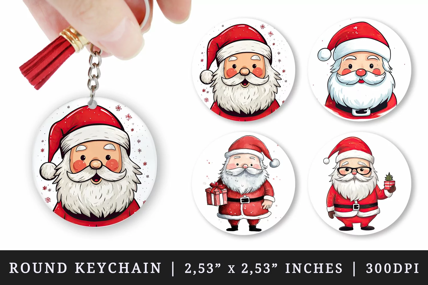 Watercolor cute happy Santa Claus with rosy cheeks Merry Christmas New Year winter print round keychain keychains sublimation design