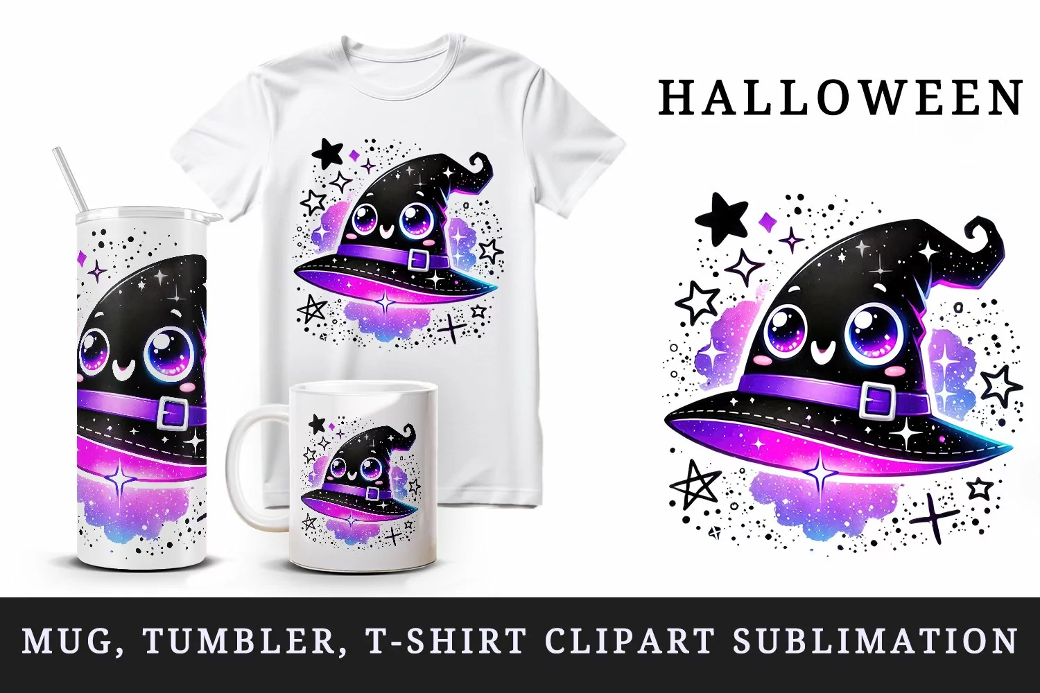 Watercolor cute happy witch hat glowing in neon purple sparkles Halloween print tumbler skinny mug wrap clipart t-shirt sublimation printable design