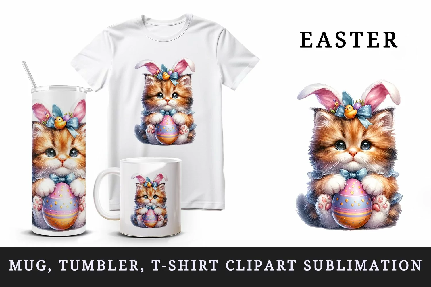 Watercolor cute kitten cat wearing bunny ear headband Easter eggs print 20 oz tumbler skinny mug wrap clipart t-shirt sublimation printable design