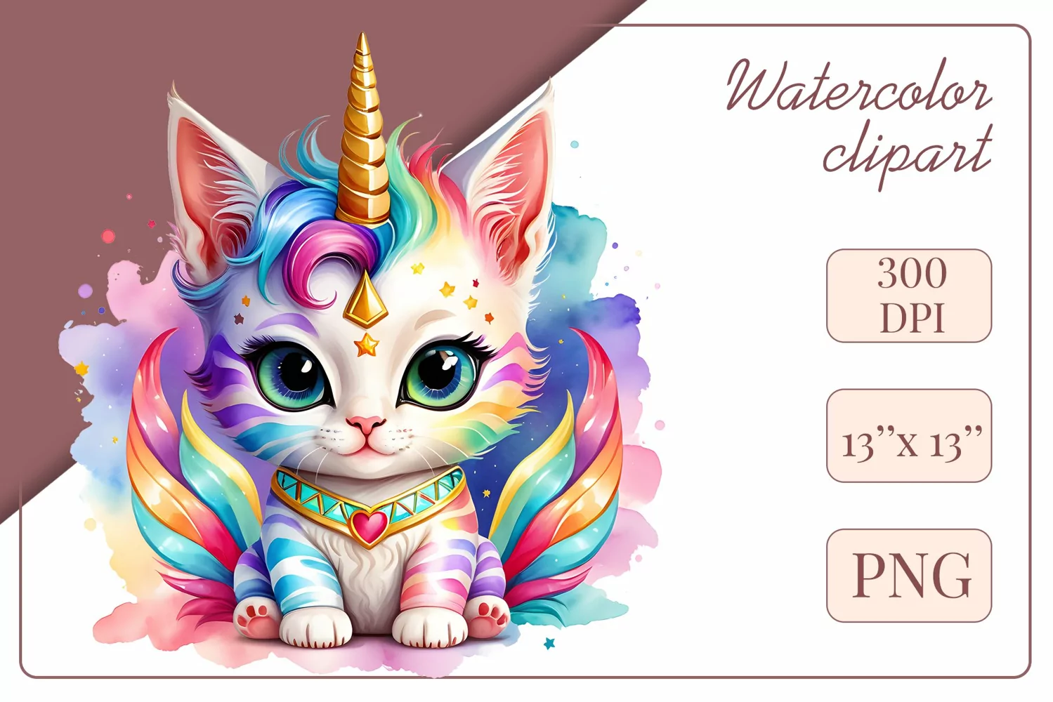 Explore the whimsical world of this charming watercolor clipart featuring an adorable kitten dressed in a magical unicorn pajama. Perfect for various creative projects including greeting cards, illustrations, fabric prints, event invitations, scrapbooking