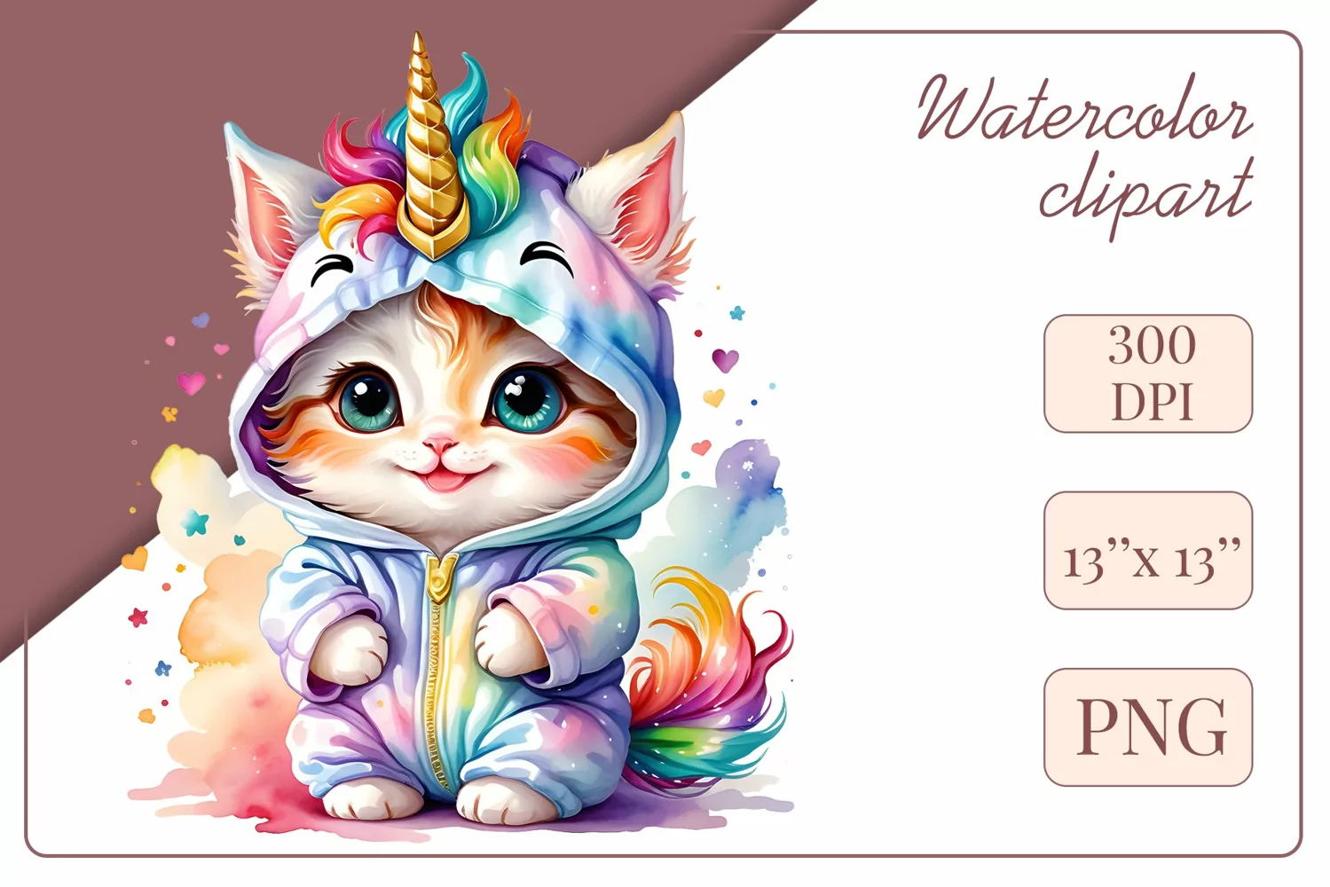 Explore the whimsical world of this charming watercolor clipart featuring an adorable kitten dressed in a magical unicorn pajama. Perfect for various creative projects including greeting cards, illustrations, fabric prints, event invitations, scrapbooking