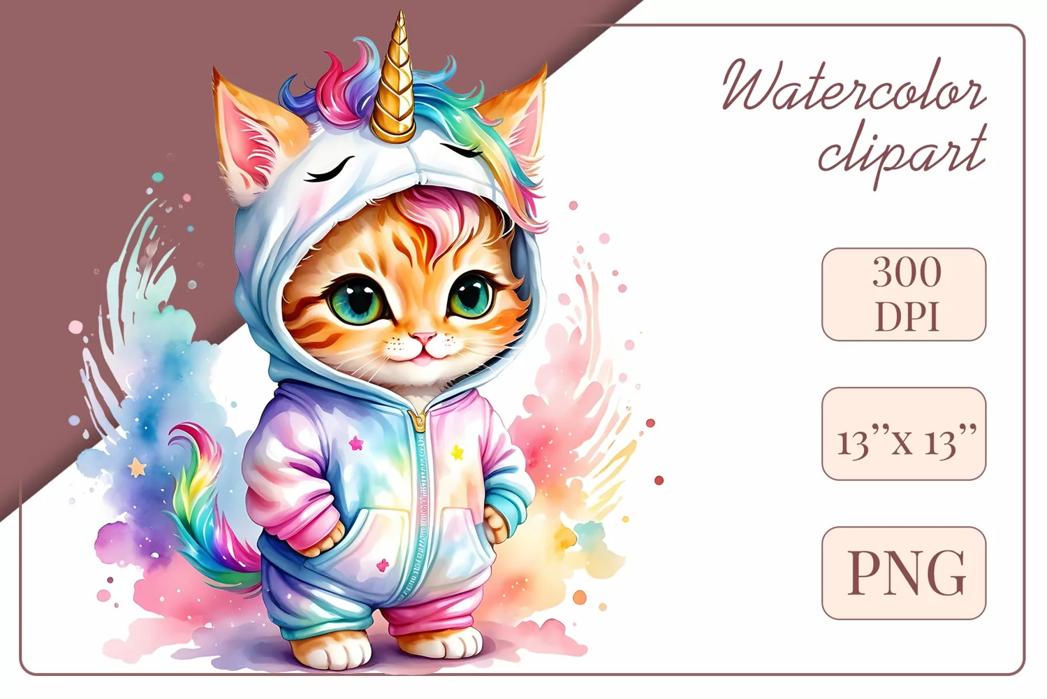 Explore the whimsical world of this charming watercolor clipart featuring an adorable kitten dressed in a magical unicorn pajama. Perfect for various creative projects including greeting cards, illustrations, fabric prints, event invitations, scrapbooking