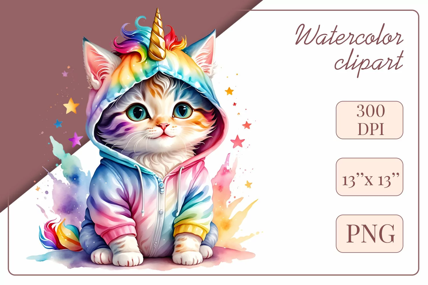 Explore the whimsical world of this charming watercolor clipart featuring an adorable kitten dressed in a magical unicorn pajama. Perfect for various creative projects including greeting cards, illustrations, fabric prints, event invitations, scrapbooking