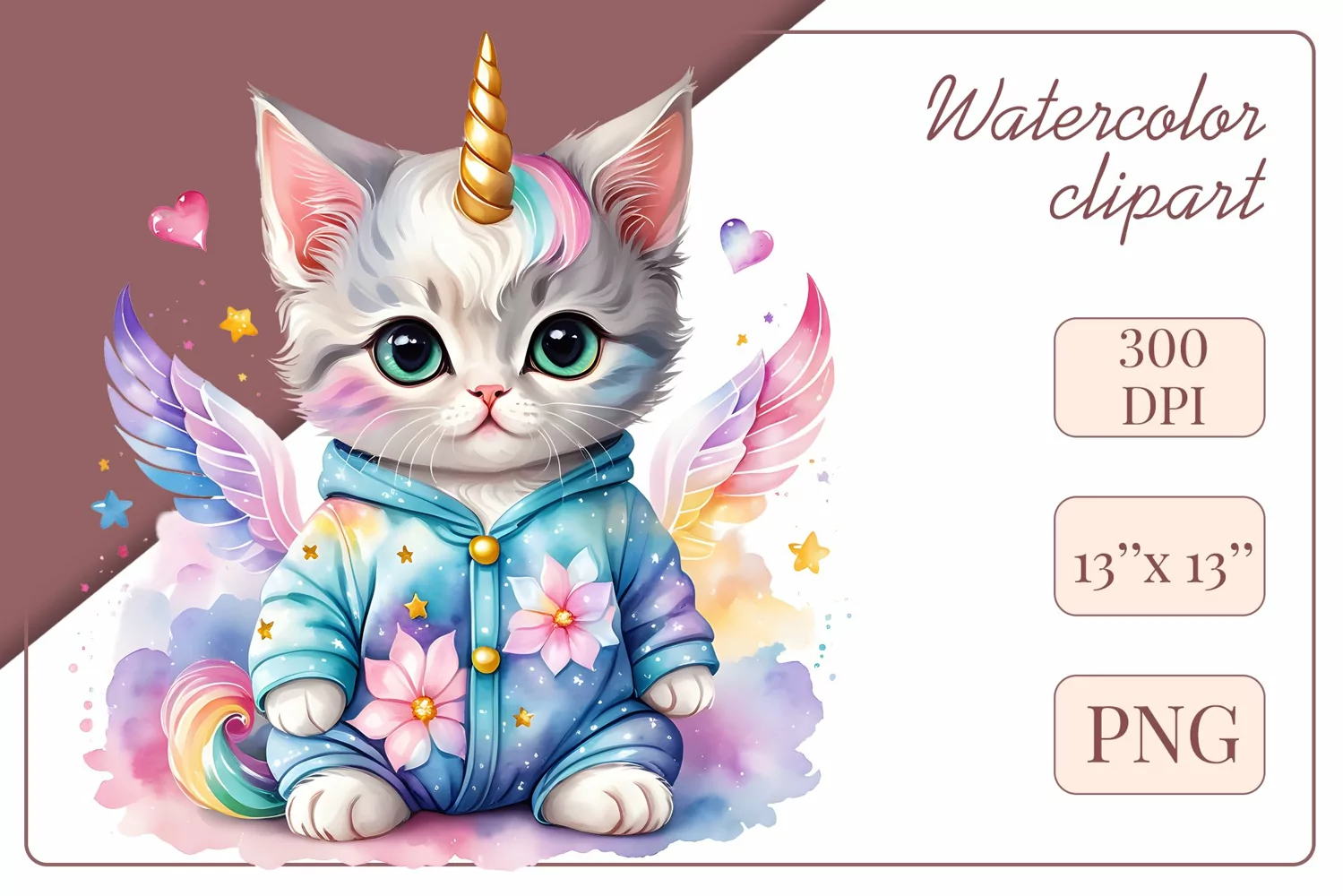 Explore the whimsical world of this charming watercolor clipart featuring an adorable kitten dressed in a magical unicorn pajama. Perfect for various creative projects including greeting cards, illustrations, fabric prints, event invitations, scrapbooking