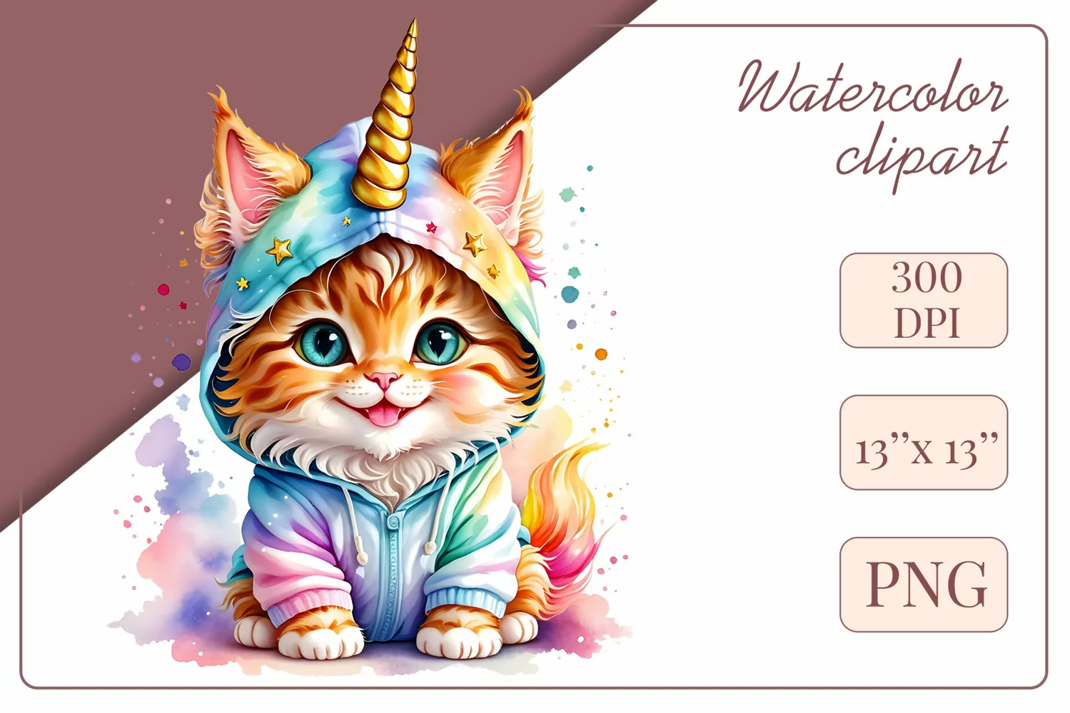 Explore the whimsical world of this charming watercolor clipart featuring an adorable kitten dressed in a magical unicorn pajama. Perfect for various creative projects including greeting cards, illustrations, fabric prints, event invitations, scrapbooking