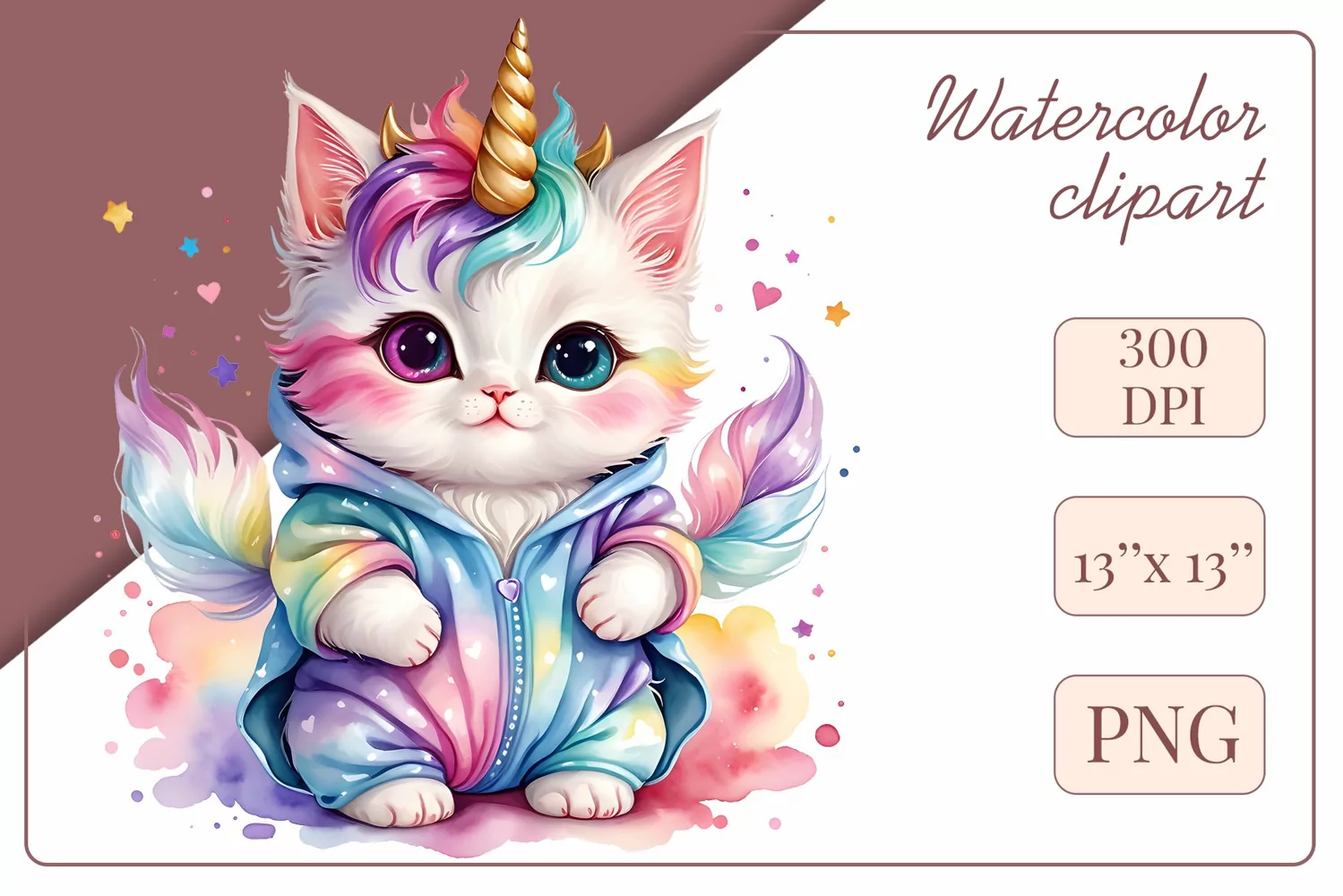 Explore the whimsical world of this charming watercolor clipart featuring an adorable kitten dressed in a magical unicorn pajama. Perfect for various creative projects including greeting cards, illustrations, fabric prints, event invitations, scrapbooking