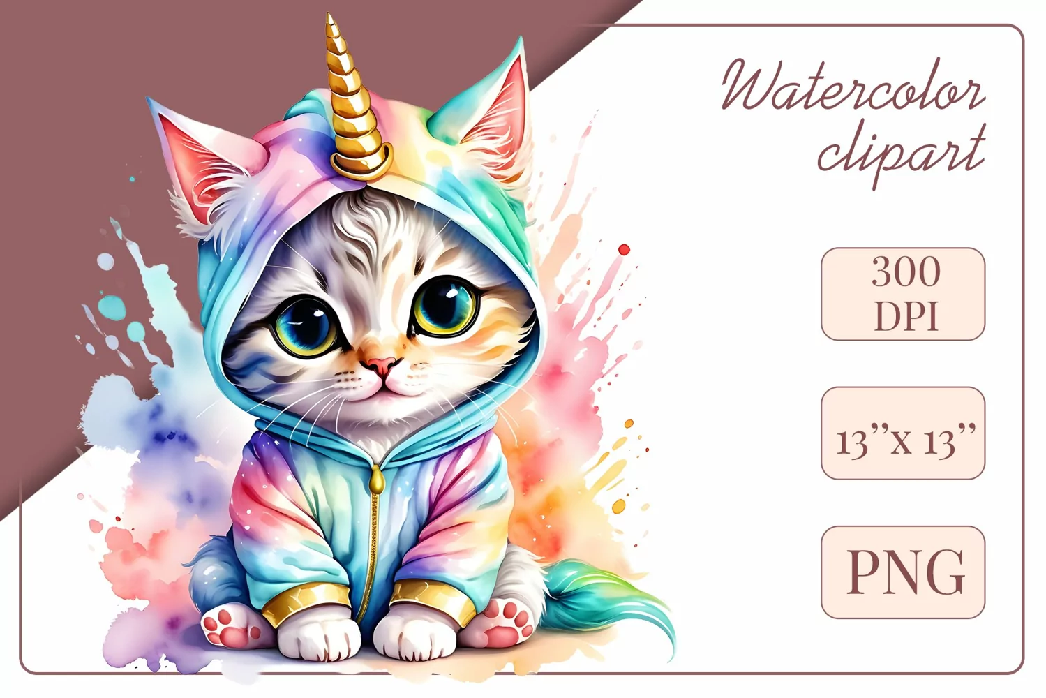 Explore the whimsical world of this charming watercolor clipart featuring an adorable kitten dressed in a magical unicorn pajama. Perfect for various creative projects including greeting cards, illustrations, fabric prints, event invitations, scrapbooking