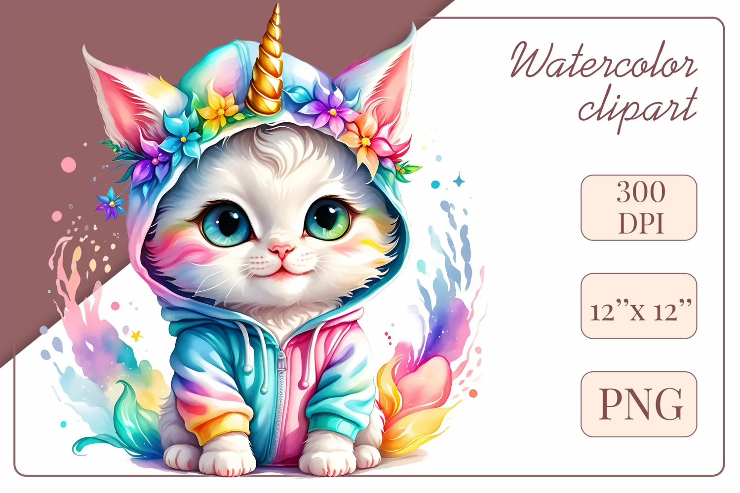 Explore the whimsical world of this charming watercolor clipart featuring an adorable kitten dressed in a magical unicorn pajama. Perfect for various creative projects including greeting cards, illustrations, fabric prints, event invitations, scrapbooking