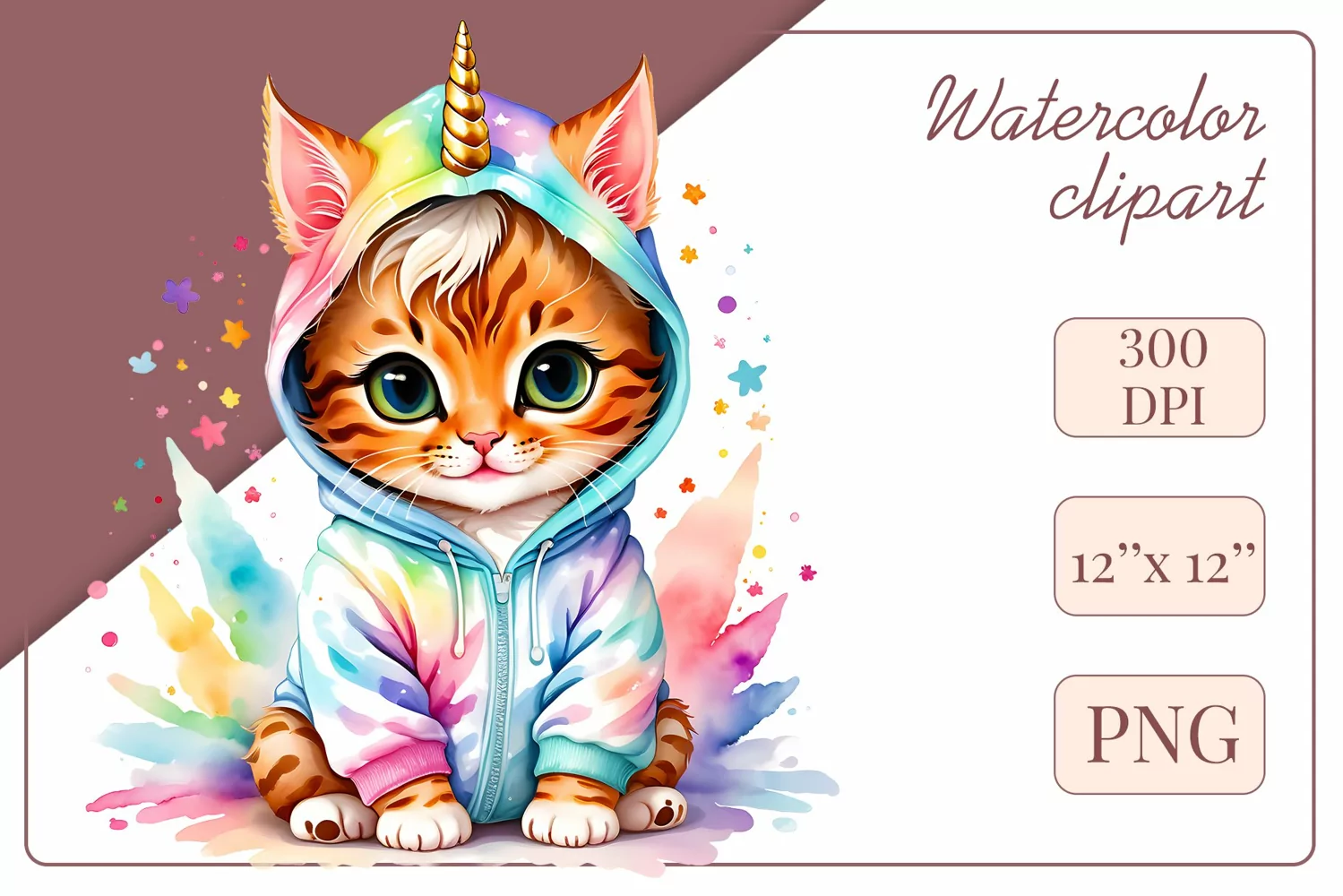 Explore the whimsical world of this charming watercolor clipart featuring an adorable kitten dressed in a magical unicorn pajama. Perfect for various creative projects including greeting cards, illustrations, fabric prints, event invitations, scrapbooking